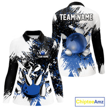 Load image into Gallery viewer, Black &amp; White Women Bowling Polo, 1/4 Zip Shirts Custom bowling jersey, girls bowling outfit | Blue NQS11305