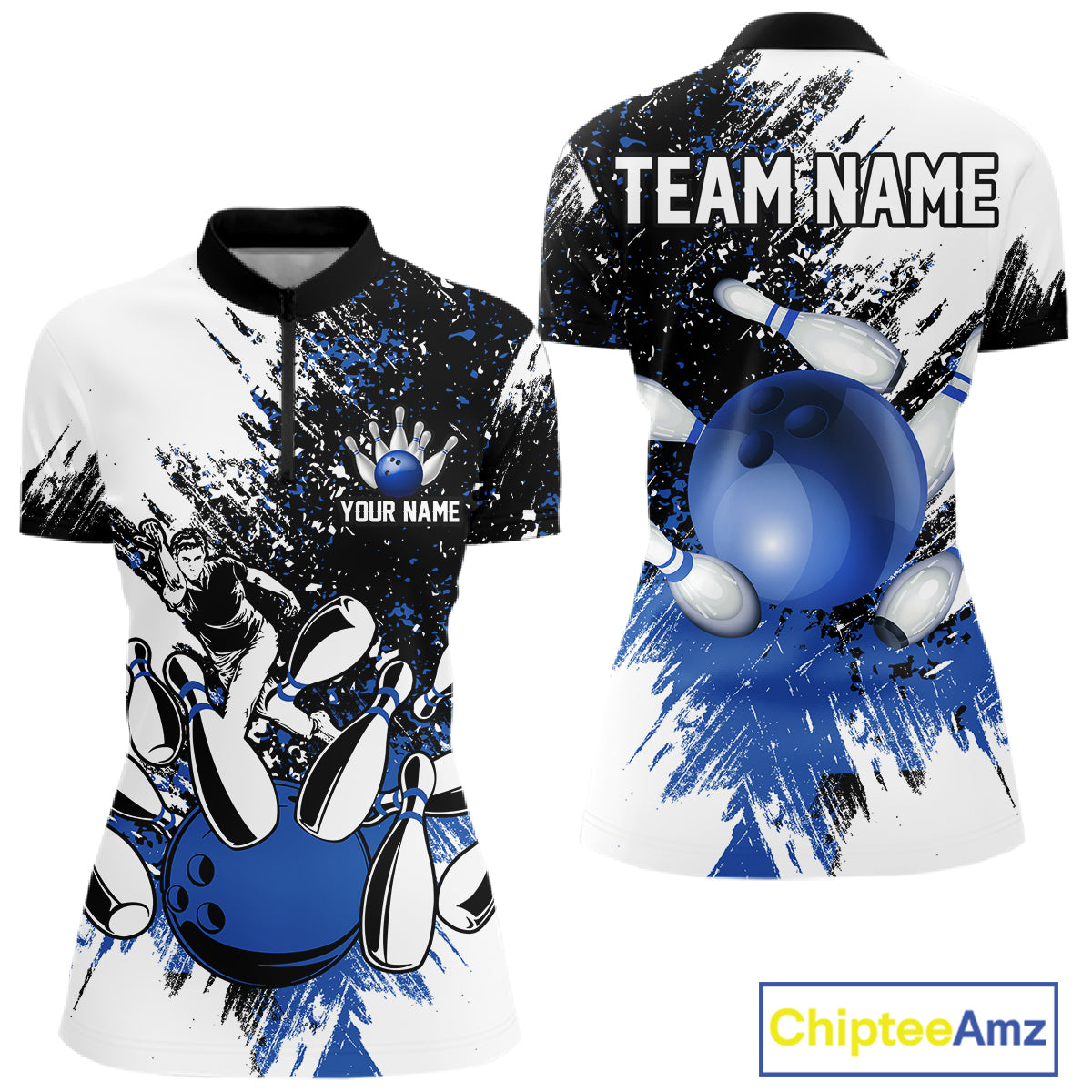 Black & White Women Bowling Polo, 1/4 Zip Shirts Custom bowling jersey, girls bowling outfit | Blue NQS11305