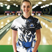 Load image into Gallery viewer, Black &amp; White Women Bowling Polo, 1/4 Zip Shirts Custom bowling jersey, girls bowling outfit | Blue NQS11305