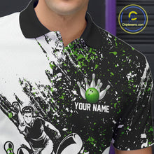 Load image into Gallery viewer, Black &amp; White Men Bowling Polo, Quarter Zip Shirt Custom bowling jersey, mens bowling outfit | Green NQS11306