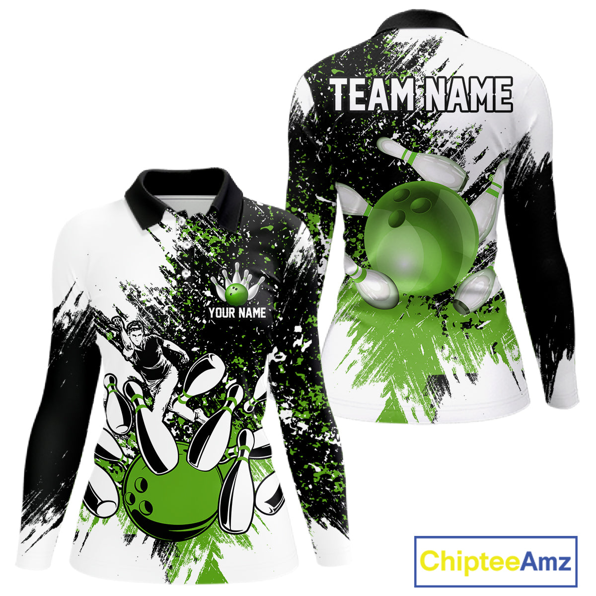 Black & White Women Bowling Polo, 1/4 Zip Shirts Custom bowling jersey, girls bowling outfit | Green NQS11306