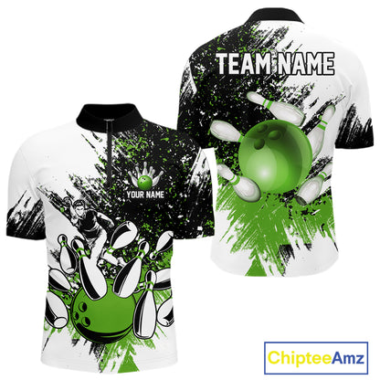 Black & White Men Bowling Polo, Quarter Zip Shirt Custom bowling jersey, mens bowling outfit | Green NQS11306