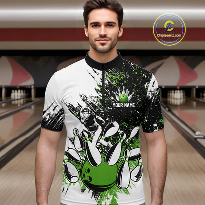 Black & White Men Bowling Polo, Quarter Zip Shirt Custom bowling jersey, mens bowling outfit | Green NQS11306