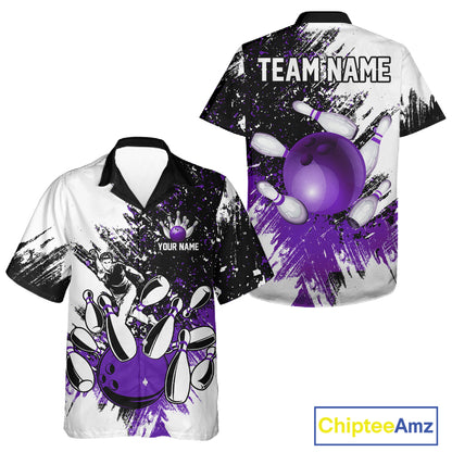 Black & White Women Bowling Hawaiian Shirt Custom bowling button-up shirt, bowling outfit | Purple NQS11307