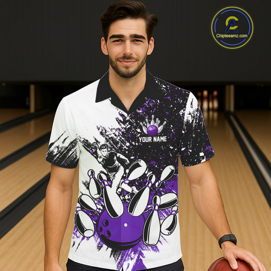 Black & White Women Bowling Hawaiian Shirt Custom bowling button-up shirt, bowling outfit | Purple NQS11307