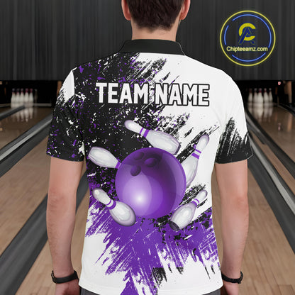 Black & White Men Bowling Polo, Quarter Zip Shirt Custom bowling jersey, mens bowling outfit | Purple NQS11307