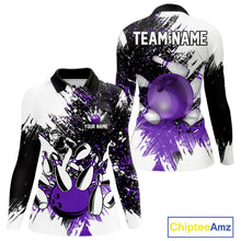 Load image into Gallery viewer, Black &amp; White Women Bowling Polo, 1/4 Zip Shirts Custom bowling jersey, girls bowling outfit | Purple NQS11307
