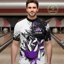 Load image into Gallery viewer, Black &amp; White Men Bowling Polo, Quarter Zip Shirt Custom bowling jersey, mens bowling outfit | Purple NQS11307