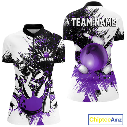 Black & White Women Bowling Polo, 1/4 Zip Shirts Custom bowling jersey, girls bowling outfit | Purple NQS11307