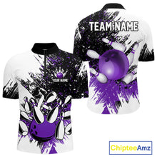 Load image into Gallery viewer, Black &amp; White Men Bowling Polo, Quarter Zip Shirt Custom bowling jersey, mens bowling outfit | Purple NQS11307