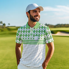 Load image into Gallery viewer, Green argyle pattern American flag white Men golf polo shirts custom patriotic gifts for golf lovers NQS9595