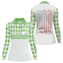 Load image into Gallery viewer, Green argyle pattern American flag white Women golf polo shirts custom patriotic gifts for golf lover NQS9595