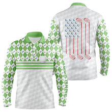 Load image into Gallery viewer, Green argyle pattern American flag white Men golf polo shirts custom patriotic gifts for golf lovers NQS9595