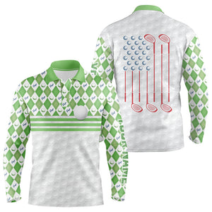 Green argyle pattern American flag white Men golf polo shirts custom patriotic gifts for golf lovers NQS9595