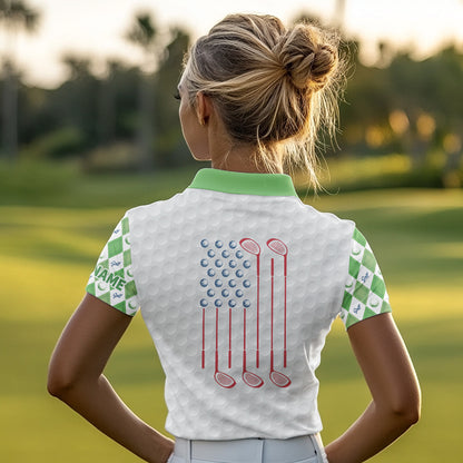 Green argyle pattern American flag white Women golf polo shirts custom patriotic gifts for golf lover NQS9595