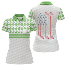 Load image into Gallery viewer, Green argyle pattern American flag white Women golf polo shirts custom patriotic gifts for golf lover NQS9595