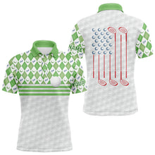 Load image into Gallery viewer, Green argyle pattern American flag white Men golf polo shirts custom patriotic gifts for golf lovers NQS9595