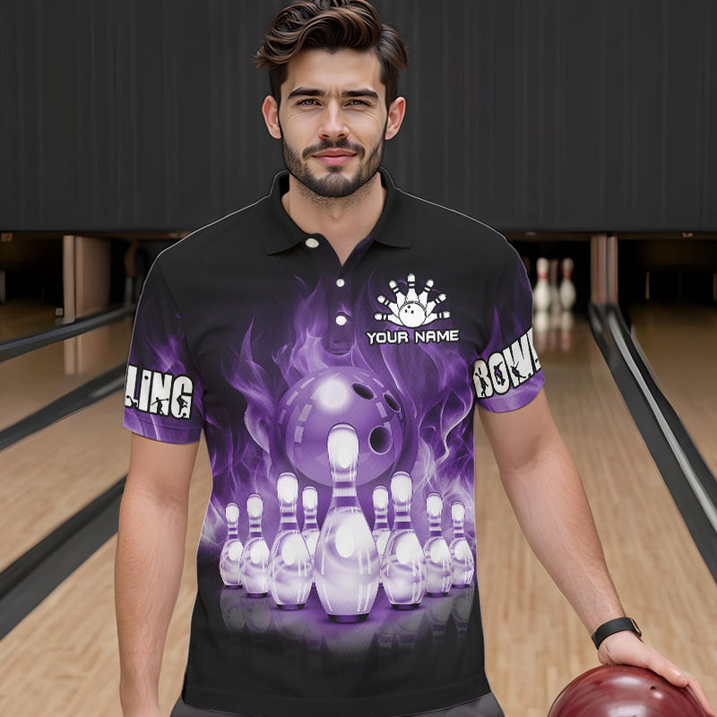 Black And Purple Flame Bowling ball pins Custom Bowling Shirts For Men, Bowling Team Shirt NQS9741