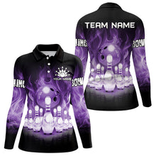 Load image into Gallery viewer, Black And Purple Flame Bowling ball pins Custom Bowling Shirts For Women, Bowling Team Shirt NQS9741