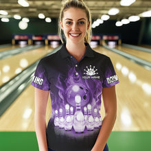 Load image into Gallery viewer, Black And Purple Flame Bowling ball pins Custom Bowling Shirts For Women, Bowling Team Shirt NQS9741