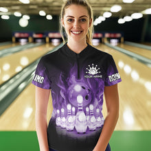 Load image into Gallery viewer, Black And Purple Flame Bowling ball pins Custom Bowling Shirts For Women, Bowling Team Shirt NQS9741