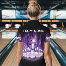 Load image into Gallery viewer, Black And Purple Flame Bowling ball pins Custom Bowling Shirts For Women, Bowling Team Shirt NQS9741