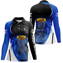 Load image into Gallery viewer, Womens disc golf polo shirt custom disc golf basket, personalized disc golf gifts | Blue NQS5312