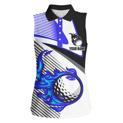 Womens sleeveless golf polo shirts custom flame golf ball apparel for ladies, unique golf gifts | Blue NQS7520