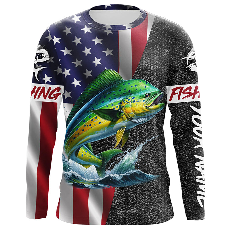 American Flag Mahi Mahi Fishing Custom long sleeve performance Fishing Shirt, Dorado Fishing jersey NQS7885