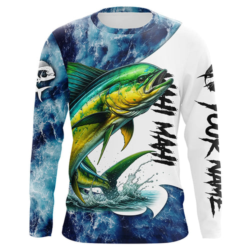 Mahi Mahi Fishing blue ocean sea wave camo Custom long sleeve performance fishing jerseys shirts NQS7886