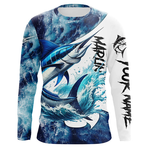 Marlin Fishing blue ocean sea wave camo Custom long sleeve performance fishing jerseys shirts NQS7887