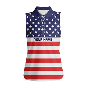 Womens sleeveless polo shirts American flag patriotic custom name ladies golf top, golfing gifts NQS6005