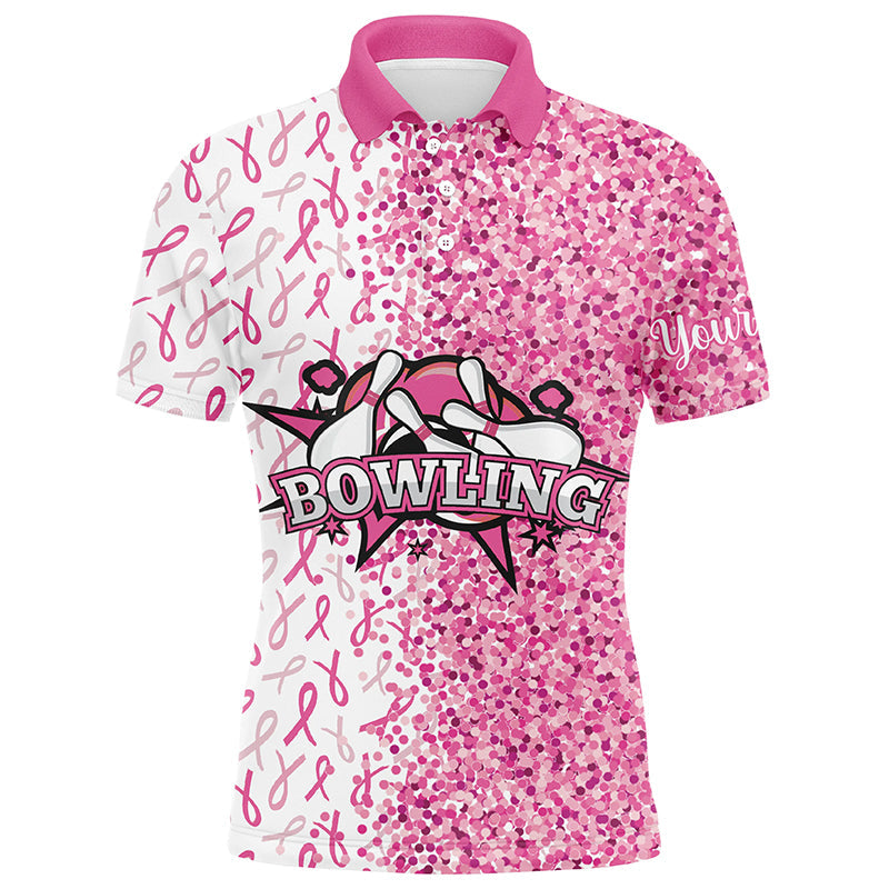 Pink glitter ribbon pattern Custom Bowing Shirts For Men, Breast Cancer Awareness bowling jerseys NQS8104