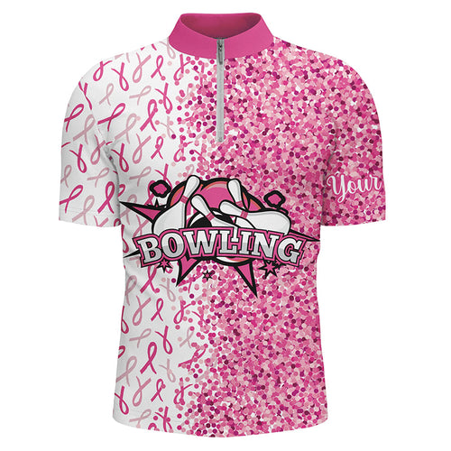 Pink glitter ribbon pattern Custom Bowing Shirts For Men, Breast Cancer Awareness bowling jerseys NQS8104
