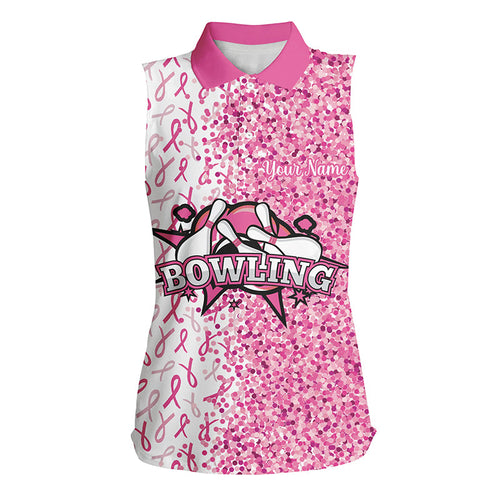 Pink glitter ribbon pattern Custom Sleeveless Polo Shirt, Breast Cancer Awareness bowling jerseys NQS8104