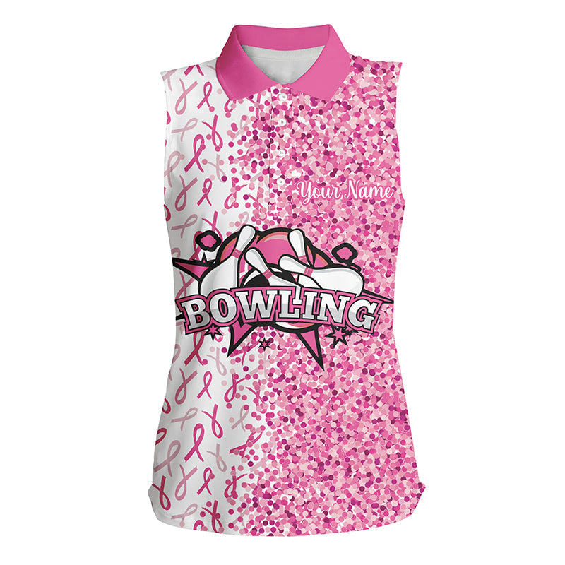 Pink glitter ribbon pattern Custom Sleeveless Polo Shirt, Breast Cancer Awareness bowling jerseys NQS8104