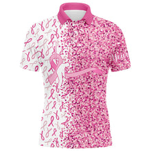 Load image into Gallery viewer, Pink glitter ribbon Men golf polo shirts custom breast cancer golf shirts for men, gifts for golfer NQS8106