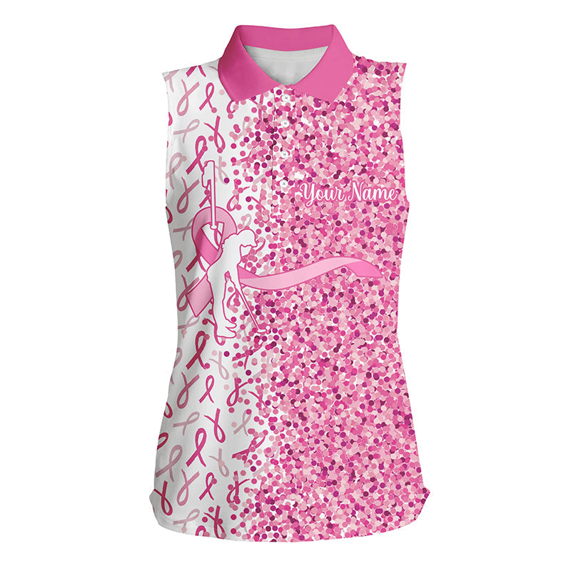 Pink glitter ribbon Women sleeveless polo shirts custom breast cancer golf shirt for ladies NQS8106