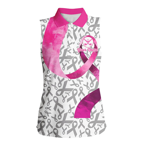 Pink ribbon pattern Women sleeveless polo shirts custom breast cancer golf shirts outfits for ladies NQS8107