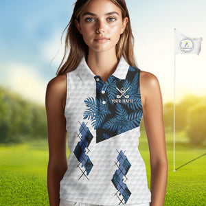 Blue tropical argyle pattern white Women Sleeveless Polo custom ladies golf top, best golf gift NQS10303