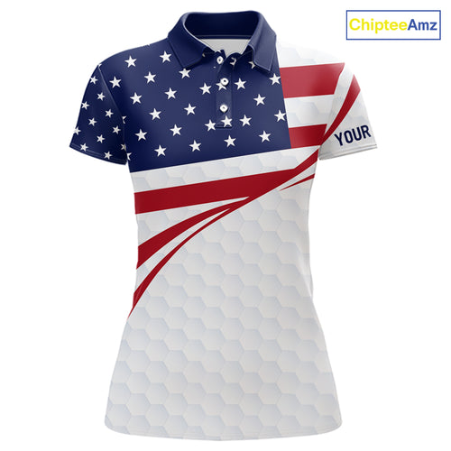Red, White and Blue American Flag Golf polos shirts for Women custom patriotic ladies golf attire NQS10304