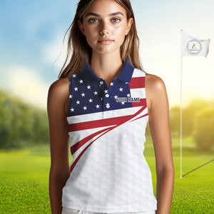 Red, White and Blue American Flag Sleeveless Polo shirt for Women custom patriotic ladies golf attire NQS10304