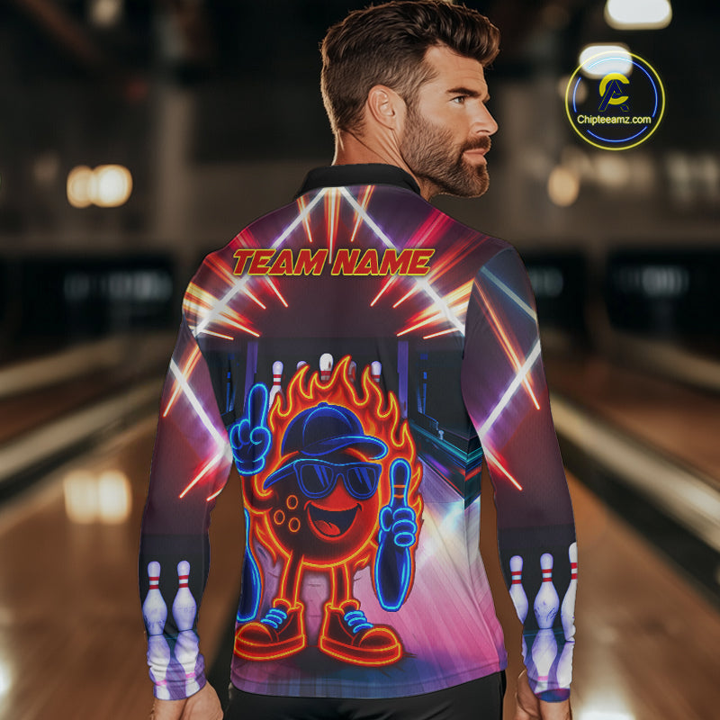 Funny Flame Neon Bowling Ball Mens Bowling Polo, Quarter Zip Shirts Custom Bowling Team jersey NQS10306