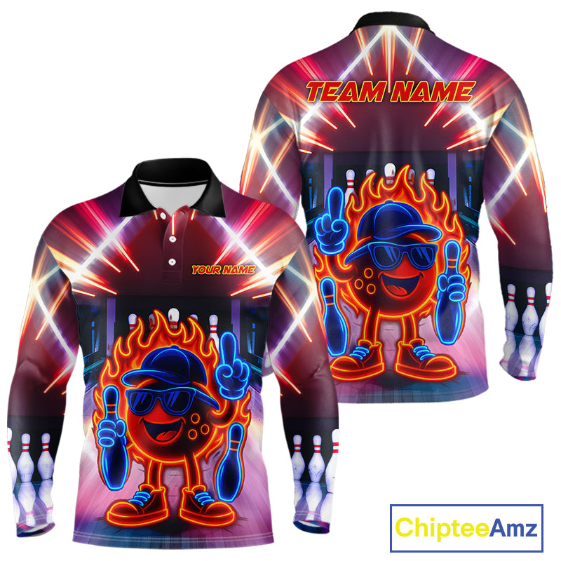 Funny Flame Neon Bowling Ball Mens Bowling Polo, Quarter Zip Shirts Custom Bowling Team jersey NQS10306