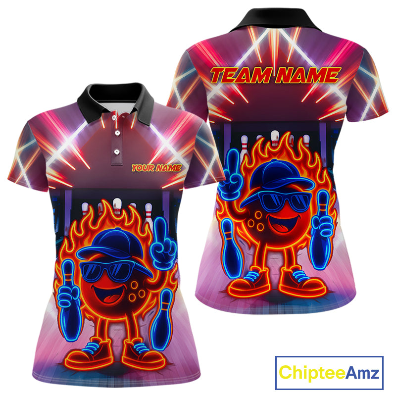 Funny Flame Neon Bowling Ball Women Bowling Polo, Quarter Zip Shirts Custom Bowling Team jersey NQS10306