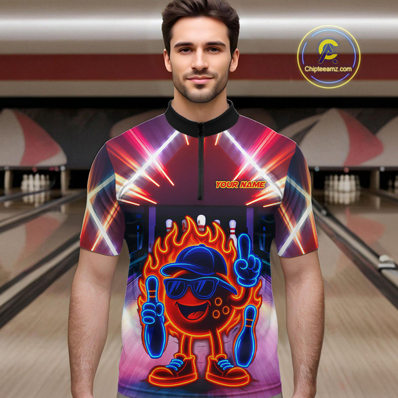 Funny Flame Neon Bowling Ball Mens Bowling Polo, Quarter Zip Shirts Custom Bowling Team jersey NQS10306