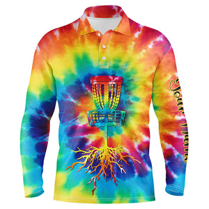 Mens disc golf polo shirts with colorful tie dye background custom disc golf jerseys, disc golf gift NQS6200