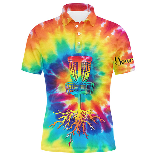 Mens disc golf polo shirts with colorful tie dye background custom disc golf jerseys, disc golf gift NQS6200