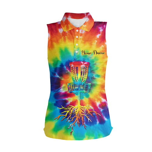 Womens disc golf sleeveless polo shirts with colorful tie dye background custom disc golf jerseys NQS6200