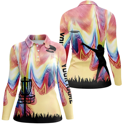 Womens disc golf polo shirt with colorful tie dye background disc golf basket custom disc golf jerseys NQS6204